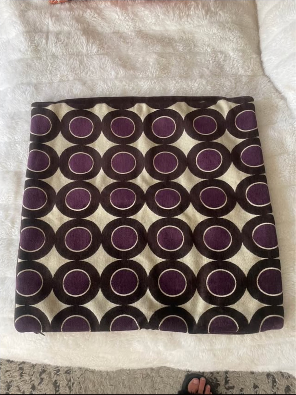 Crate&Barrel Purple and Cream Geometric Circle pillow cover.